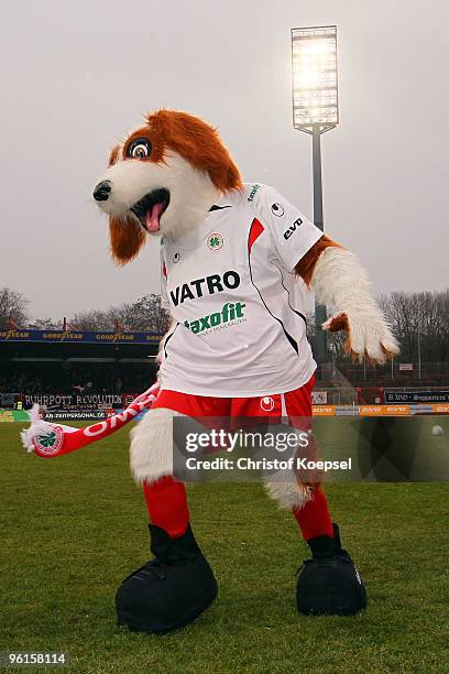 Mascot Underdog of Oberhausen pose prior to the Second Bundesliga match between RW Oberhausen and FC Augsburg at the Niederrhein Stadium on January...