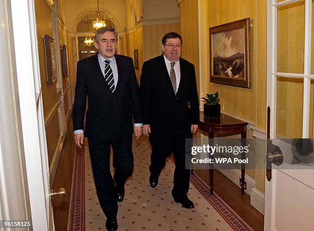British Prime Minister Gordon Brown walks with Ireland's Taoiseach Brian Cowen in Downing Street on January 25, 2010 in London, England. Mr Cowen...