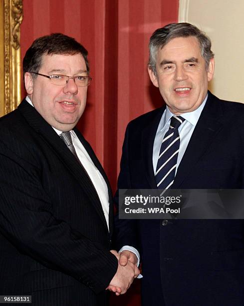 British Prime Minister Gordon Brown greets Ireland's Taoiseach Brian Cowen at Downing Street on January 25, 2010 in London, England. Mr Cowen...