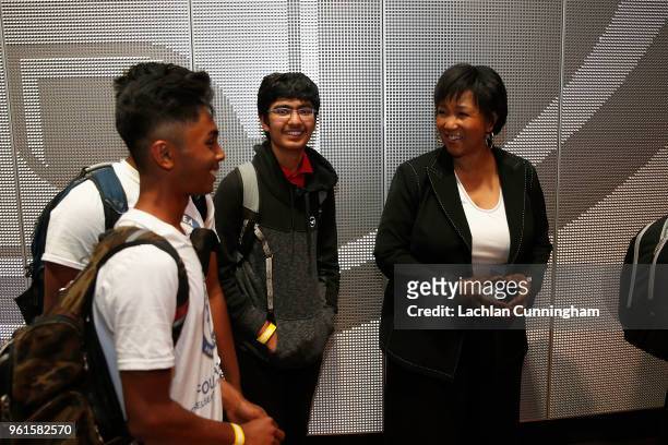 Dr Mae Jemison meets guests during an ESPN leadership dinner at Levi's Stadium on May 22, 2018 in Santa Clara, California.
