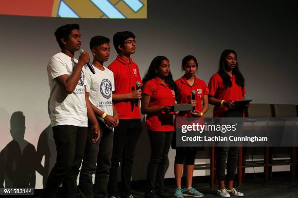 The winning team of students pose for a photo after a 49ers Foundation Hackathon make a presentation during an ESPN leadership dinner at Levi's...