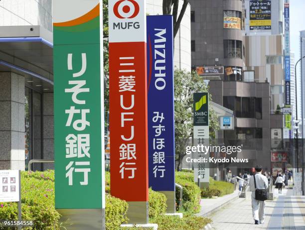 Photo taken on April 9 shows signs for Resona Bank, MUFG Bank, Mizuho Bank and Sumitomo Mitsui Banking Corp. In Tokyo's Koto Ward. ==Kyodo