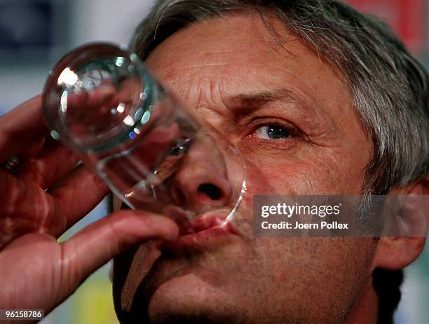 Head coach Armin Veh of Wolfsburg is seen during a press conference after the Bundesliga match between VfL Wolfsburg and 1. FC Koeln at Volkswagen...