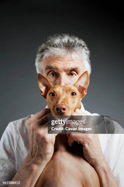 portrait of man and dog against gray background - cute dog with man stock pictures, royalty-free photos & images