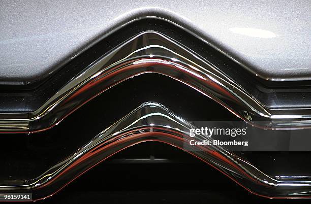 Citroen logo is seen on a Citroen DS3 automobile on display at the Retromobile auto exhibition in Paris, France, on Saturday, Jan. 23, 2010. The...