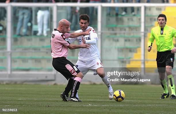 Giulio Migliaccio of Palermo is challenged by Adrian Mutu of Fiorentina during the Serie A match between Palermo and Fiorentina at Stadio Renzo...