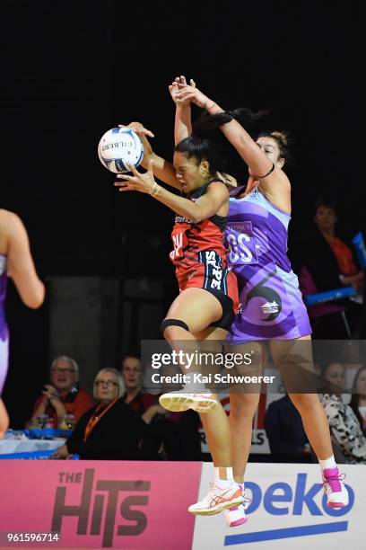 Temalisi Fakahokotau of the Tactix and Maia Wilson of the Northern Stars compete for the ball during the round three ANZ Premiership match between...