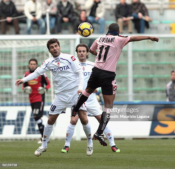 Fabio Liverani of Palermo is challenged by Adrian Mutu of Fiorentina during the Serie A match between Palermo and Fiorentina at Stadio Renzo Barbera...