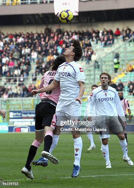 Javier Pastore of Palermo is challenged by Dalbelo da Silva Felipe of Fiorentina during the Serie A match between Palermo and Fiorentina at Stadio...