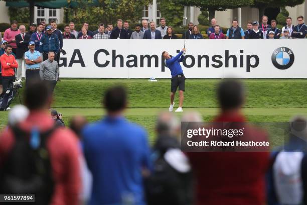 Teddy Sheringham tees off during the Pro Am for the BMW PGA Championship at Wentworth on May 23, 2018 in Virginia Water, England.