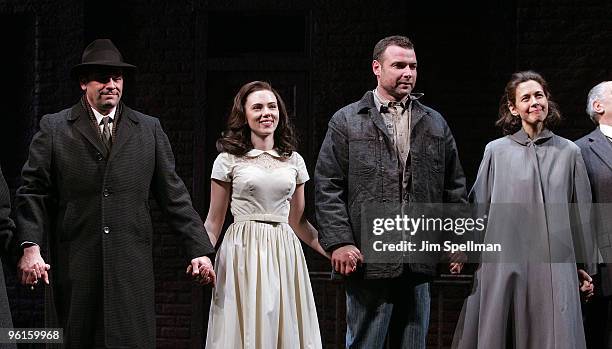 Actors Mark Morettini, Scarlett Johansson and Liev Schreiber and Jessica Hecht attend the "A View From The Bridge" Broadway opening night at the Cort...