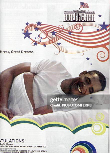 Portrait of President Barack Obama super-imposed on a man lying on a Nigerian made foam is advertised on a daily on January 20, 2009 to celebrate...