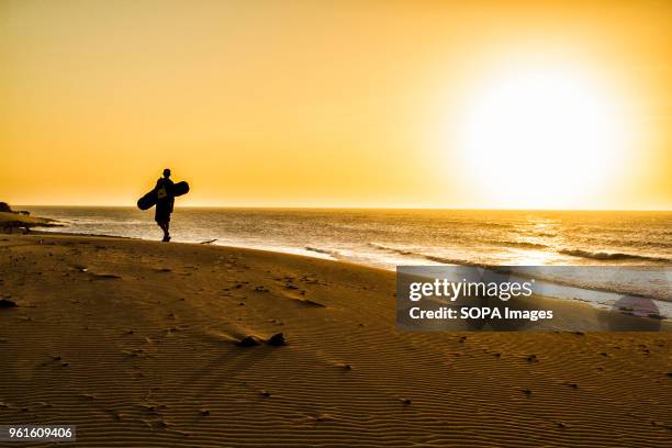 Silhouette of a sandboarder walking on the beach looking at the sunset. Sandboarding is an activity similar to snowboarding but takes place on sand...