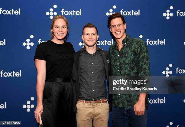 Jeff Horn poses for a photo with Australian Swimmers Emily Seebohm and Mitch Larkin at the Jeff Horn Farewell Function at The Caxton Hotel on May 23,...