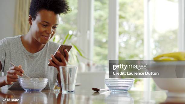 breakfast phone - media breakfast stock pictures, royalty-free photos & images