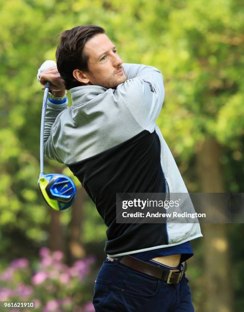 Ex-swimmer Michael Jamieson tees off during the BMW PGA Championship Pro Am tournament at Wentworth on May 23, 2018 in Virginia Water, England.