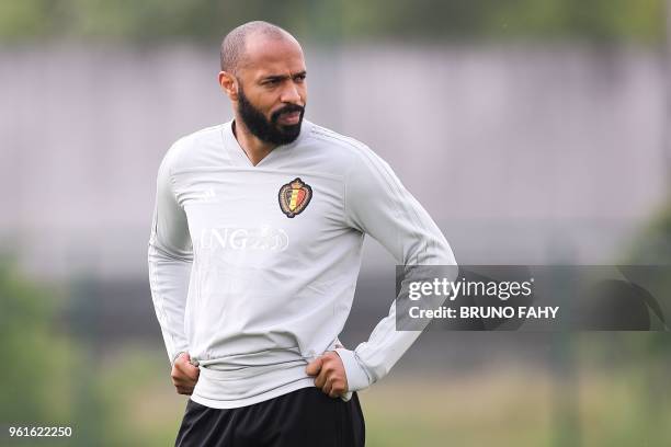 Belgian national football team Red Devils' assistant coach Thierry Henry looks on during a training session on May 23 in Tubize. - At the start of...