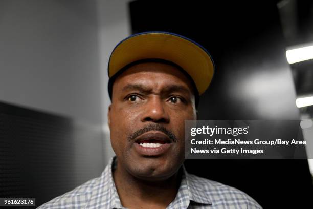 Former Warriors Tim Hardaway is photographed during an interview with this newspaper during halftime of the Golden State Warriors' Game 3 NBA Western...