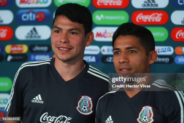 Hirving Lozano and Javier Aquino of Mexico pose during a press conference as part of the preparation for FIFA Russia 2018 World Cup at Centro de Alto...