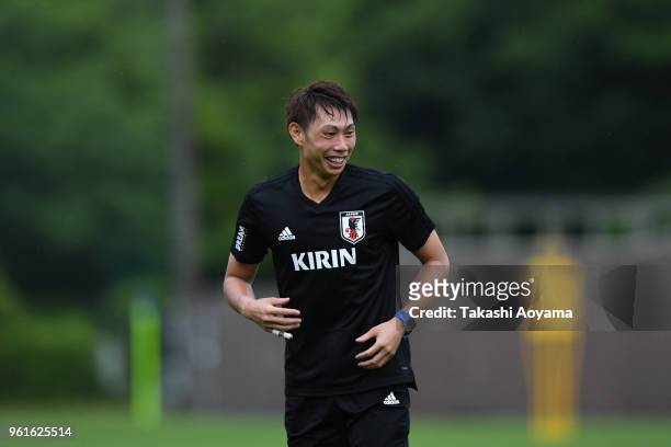 Masaaki Higashiguchi in action during a Japan training session at Akitsu Football Field on May 23, 2018 in Narashino, Chiba, Japan.