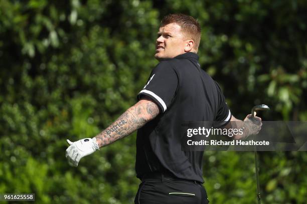 John Arne Riise tees off during the Pro Am for the BMW PGA Championship at Wentworth on May 23, 2018 in Virginia Water, England.