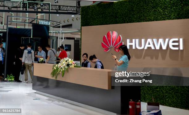 Huawei's exhibition booth on the 2nd World Intelligence Congress, held in Tianjin Meijiang Exhibition Center from May 16-18, 2018. Huawei is Chinese...