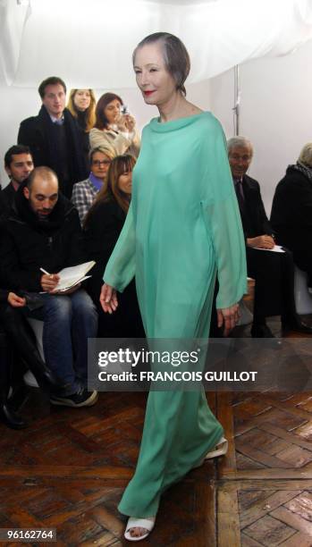 Model presents a creation by French designer Adeline Andre during the spring-summer 2010 haute couture collection show on January 25, 2010 in Paris....