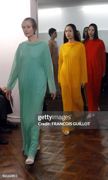 Models present creations by French designer Adeline Andre during the spring-summer 2010 haute couture collection show on January 25, 2010 in Paris....