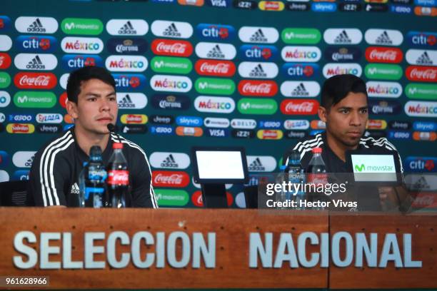 Hirving Lozano and Javier Aquino of Mexico listen during a press conference as part of the preparation for FIFA Russia 2018 World Cup at Centro de...