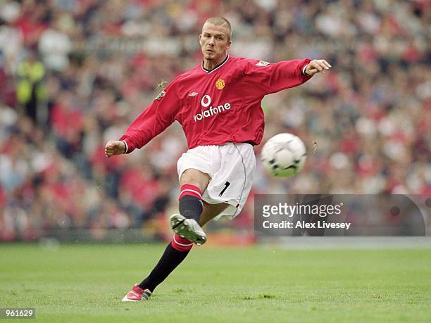 David Beckham of Manchester United takes a trademark free-kick during the FA Barclaycard Premiership match against Fulham played at Old Trafford, in...