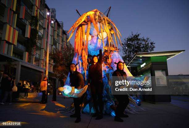 Handlers attend to the puppet creature named Marri Dyin during a media preview for Vivid Sydney on May 23, 2018 in Sydney, Australia. Vivid Sydney is...