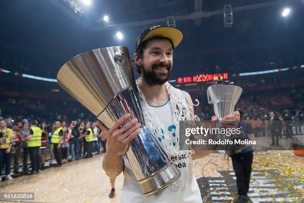 Sergio Llull, #23 of Real Madrid celebrates at the end of the 2018 Turkish Airlines EuroLeague F4 Championship Game between Real Madrid v Fenerbahce...