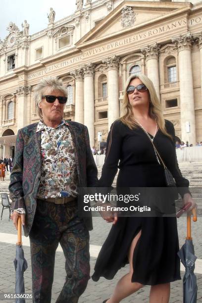 Singer Rod Stewart and his wife, Penny Lancaster leave St. Peter's square at the end of Pope Francis' weekly audience on May 23, 2018 in Vatican...