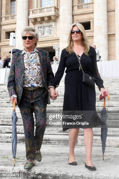 Singer Rod Stewart and his wife, Penny Lancaster leave St. Peter's square at the end of Pope Francis' weekly audience on May 23, 2018 in Vatican...