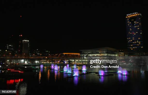 The light and laser installation named 'Fantastic Oceans' is viewed in Darling Harbour during a media preview for Vivid Sydney on May 23, 2018 in...