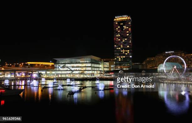 The light and laser installation named 'Fantastic Oceans' is viewed in Darling Harbour during a media preview for Vivid Sydney on May 23, 2018 in...