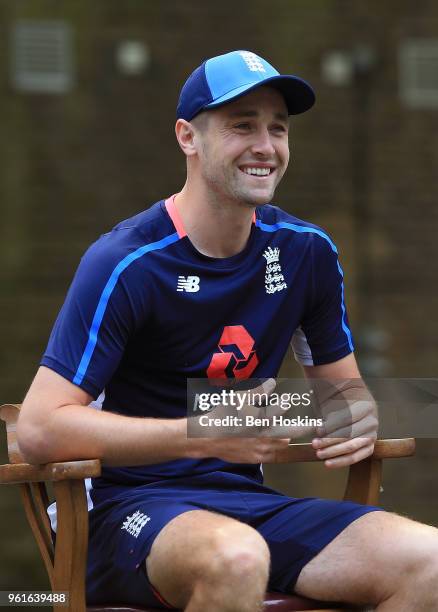 Chris Woakes laughs during the ECB Kids Press Conference at Lord's Cricket Ground on May 22, 2018 in London, England.