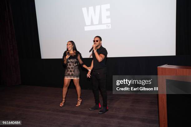 Angela Simmons and Romeo Miller speak onstage at the Premier of WEtv's Growing Up Hip Hop Season 4 on May 22, 2018 in West Hollywood, California.