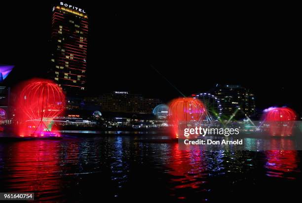 The light and laser installation named 'Fantastic Oceans' is viewed in Darling Harbour during a media preview for Vivid Sydney on May 23, 2018 in...