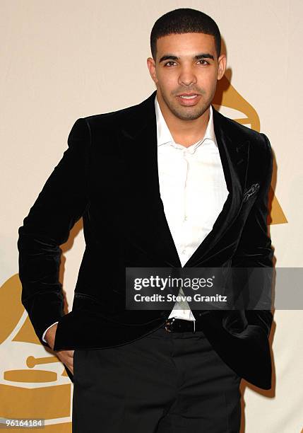 Rapper Drake poses at GRAMMY Nominations Concert Live! Press Room at The Conga Room at L.A. Live on December 2, 2009 in Los Angeles, California.