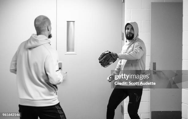 Nikita Kucherov of the Tampa Bay Lightning plays catch before the game against the Washington Capitals during Game Six of the Eastern Conference...