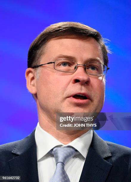 Vice-President for the Euro and Social Dialogue Valdis Dombrovskis speaks during a joint press conference with EU Commissioner of Economic and...