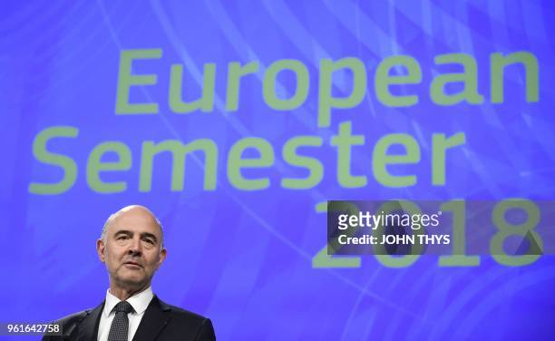 Commissioner of Economic and Financial Affairs, Taxation and Customs Pierre Moscovici speaks during a joint press conference with EU Commissioner of...