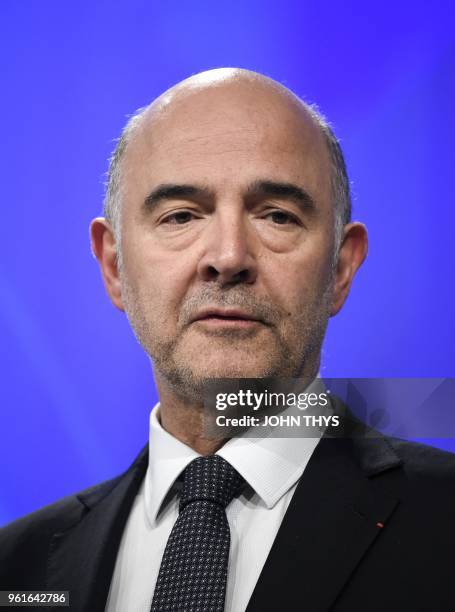 Commissioner of Economic and Financial Affairs, Taxation and Customs Pierre Moscovici speaks during a joint press conference with EU Commissioner of...