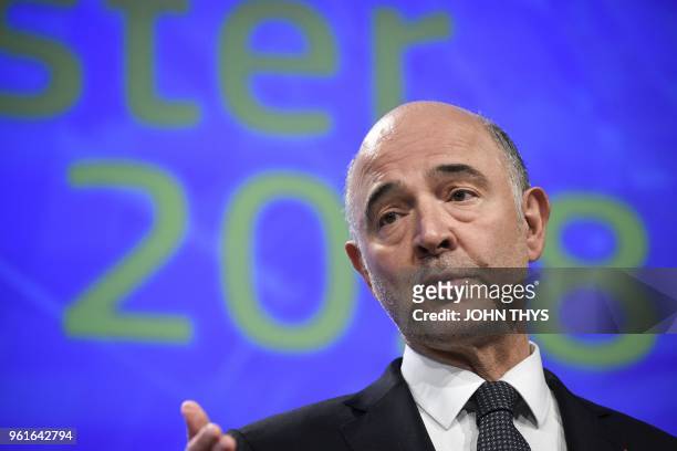 Commissioner of Economic and Financial Affairs, Taxation and Customs Pierre Moscovici speaks during a joint press conference with EU Commissioner of...