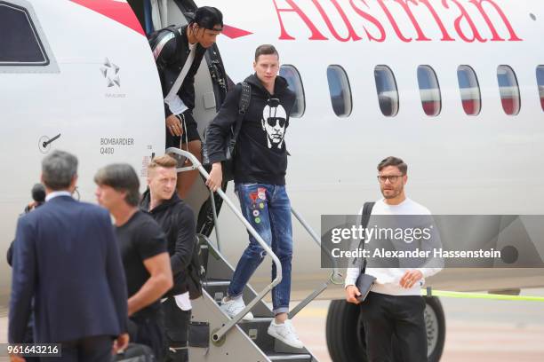 Julian Draxler and Leroy Sane arrives with the German National team at Bolzano Airport for the Southern Tyrol Training Camp ahead of the FIFA World...