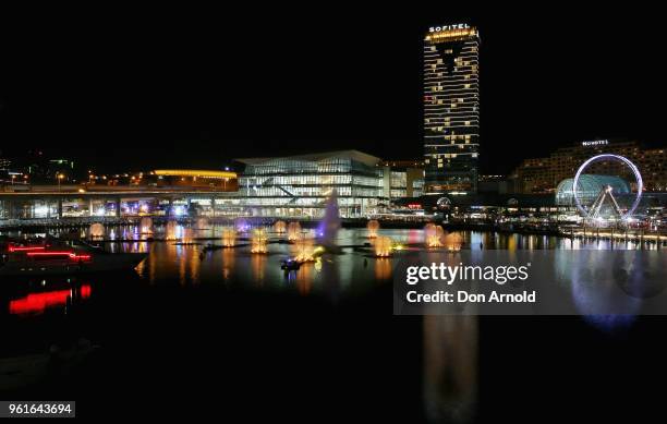The light and laser installation named 'Fantastic Oceans' is viewed in Darling Harbour during a media preview for Vivid Sydney on May 23, 2018 in...