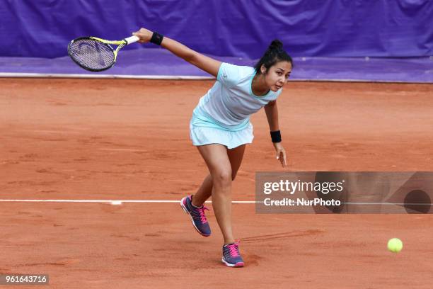 Zarina Diyas plays against Timea Babos during their WTA Open internaionaux de tennis de Strasbourg in Strasbourg on May 22,