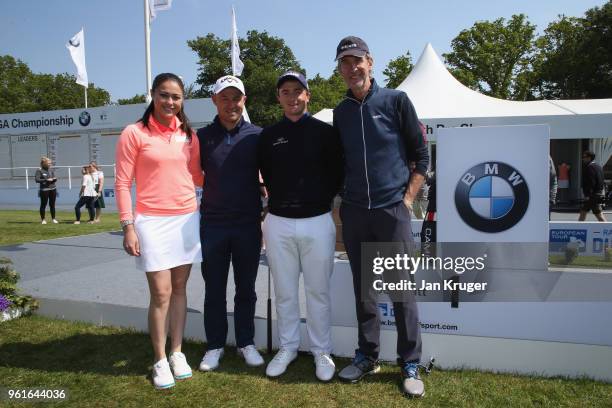 Olympian Sam Quek, golfers Robert Coles of England, Paul Dunne of Ireland and musician Mike Rutherford take part in a charity putt challenge during...