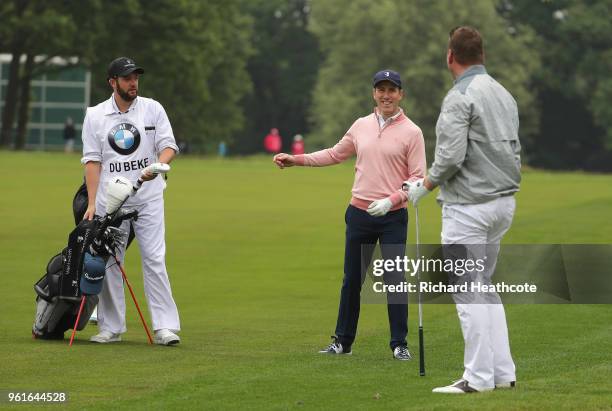 Sir Matthew Pinsent and Anton Du Beke react during the Pro Am for the BMW PGA Championship at Wentworth on May 23, 2018 in Virginia Water, England.